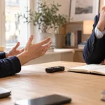 Fotografía editorial ilustrativa de una conversación profesional con grabadora y notas, sobre entrevistas y criterio experto.