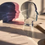A glass profile over documents casts two shadows, an editorial illustration of identity impersonation.