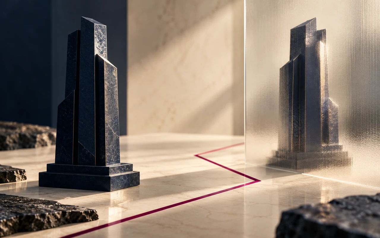 Dos torres oscuras separadas por vidrio y una línea magenta, ilustración editorial sobre competencia hostil e inteligencia empresarial